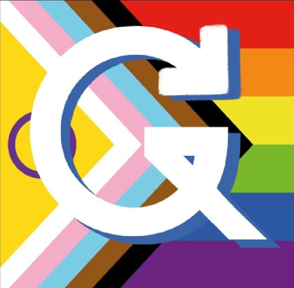 logo du Collectif Queer Geek, les lettres Q et G superposées en blanc sur fond de drapeau LGBT+ inclusif
